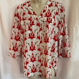 Liz Claiborne Red, White and Brown Elephant Print Blouse